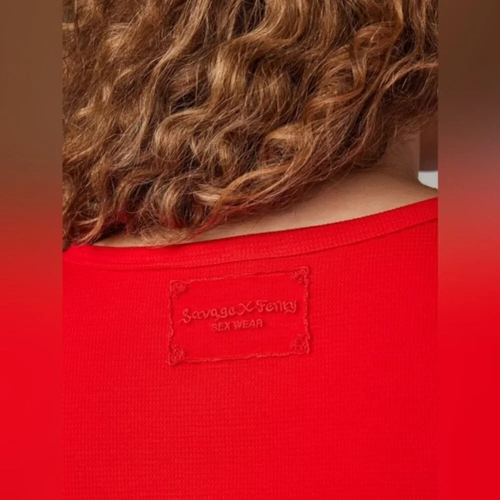 Savage X Fenty Long Sleeve Crop Women's Size‎ 1X Goji Berry Red Waffle Sleepwear